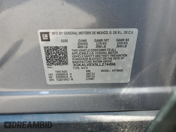 2020 GMC Terrain SLT with VIN 3GKALVEX5LL274496, listed as a Copart auction lot 63925475 with 117,439 mi miles and Salvage title. Bid and sale history available at DreamBid. Image 13.