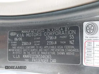 2006 Kia Spectra EX with VIN KNAFE121365346365, listed as a IAAI auction lot 42023727 with 87,345 mi miles and . Bid and sale history available at DreamBid. Image 9.
