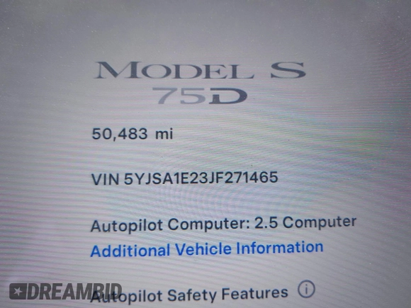 2018 Tesla Model S 75D with VIN 5YJSA1E23JF271465, listed as a IAAI auction lot 41911356 with 50,483 mi miles and . Bid and sale history available at DreamBid. Image 15.