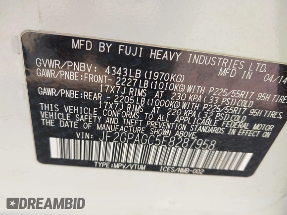 2014 Subaru Crosstrek Limited with VIN JF2GPAGC5E8287958, listed as a IAAI auction lot 42614672 with 186,241 mi miles and . Bid and sale history available at DreamBid. Image 9.