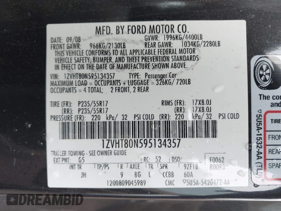 2009 Ford Mustang with VIN 1ZVHT80N595134357, listed as a IAAI auction lot 41603794 with 194,270 mi miles and . Bid and sale history available at carsss.com. Image 9.