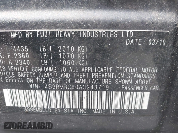2010 Subaru Legacy Premium All-Weather Anniversary with VIN 4S3BMBC60A3243719, listed as a IAAI auction lot 41968759 with 186,688 mi miles and . Bid and sale history available at DreamBid. Image 9.