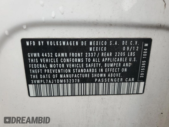 2013 Volkswagen Jetta TDI w/Sunroof & Nav with VIN 3VWPL7AJ1DM632379, listed as a Copart auction lot 58860355 with 123,327 mi miles and Salvage title. Bid and sale history available at DreamBid. Image 12.