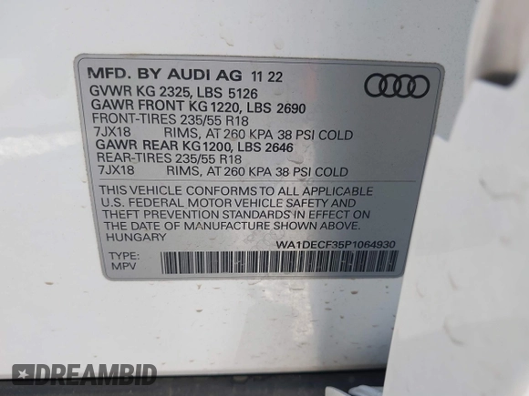 2023 Audi Q3 S line Premium with VIN WA1DECF35P1064930, listed as a IAAI auction lot 41872539 with 20,059 mi miles. Bid and sale history available at carsss.com. Image 9.