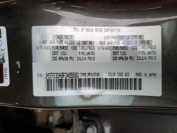 2015 Mazda CX-9 Grand Touring with VIN JM3TB3DA9F0465680, listed as a Copart auction lot 49706585 with 158,595 mi miles and Salvage Title. Bid and sale history available at carsss.com. Image 14.