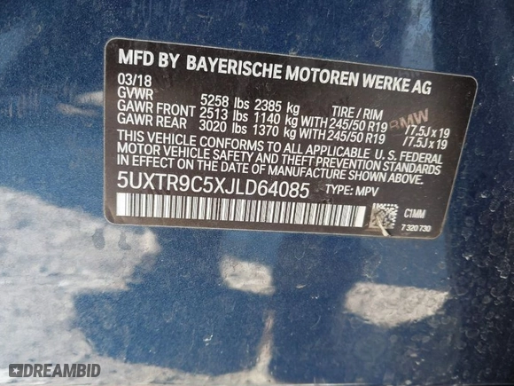 2018 BMW X3 xDrive30i with VIN 5UXTR9C5XJLD64085, listed as a IAAI auction lot 41329786 with 1 mi miles. Bid and sale history available at carsss.com. Image 9.