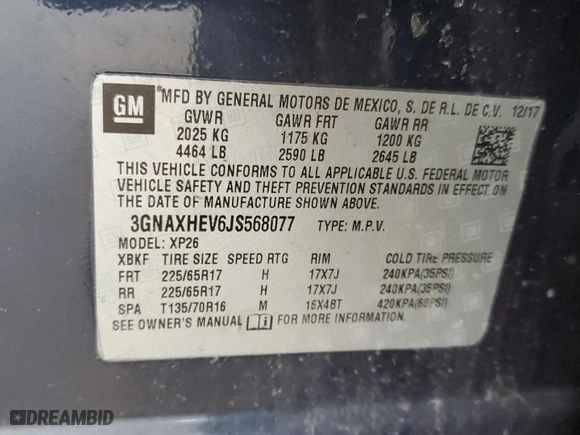 2018 Chevrolet Equinox LS with VIN 3GNAXHEV6JS568077, listed as a Copart auction lot 50158685 with 122,661 mi miles and Salvage Title. Bid and sale history available at carsss.com. Image 14.