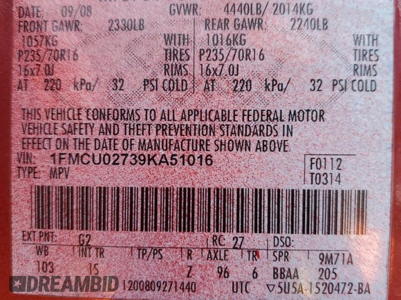 2009 Ford Escape XLS with VIN 1FMCU02739KA51016, listed as a Copart auction lot 63267285 with 152,559 mi miles and Salvage title. Bid and sale history available at DreamBid. Image 13.