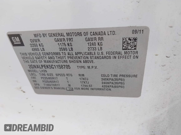 2012 Chevrolet Equinox 2LT z VIN 2GNALPEK5C1158705, wystawiony jako IAAI lot #41562428 z przebiegiem 179 930 mil mil oraz . Historia ofert i sprzedaży dostępna na DreamBid. Obrazek 9.