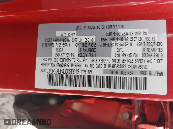 2018 Mazda CX-5 Grand Touring with VIN JM3KFADM4J0335913, listed as a IAAI auction lot 42326044 with 104,583 mi miles and . Bid and sale history available at DreamBid. Image 9.