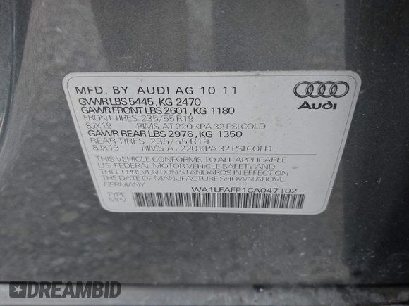 2012 Audi Q5 2.0T Premium Plus with VIN WA1LFAFP1CA047102, listed as a IAAI auction lot 41958116 with 171,619 mi miles. Bid and sale history available at carsss.com. Image 9.