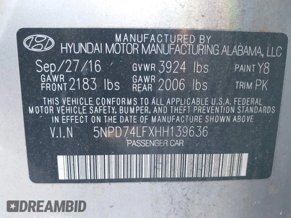 2017 Hyundai Elantra SE with VIN 5NPD74LFXHH139636, listed as a IAAI auction lot 41109236 with 179,628 mi miles and . Bid and sale history available at DreamBid. Image 9.