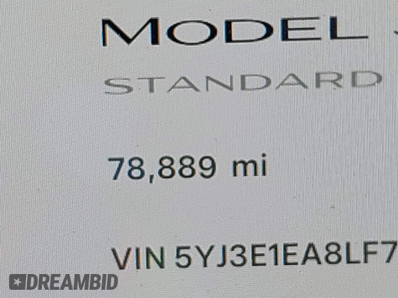 2020 Tesla Model 3 Standard Range Plus with VIN 5YJ3E1EA8LF783631, listed as a IAAI auction lot 40696383 with 78,889 mi miles. Bid and sale history available at carsss.com. Image 14.