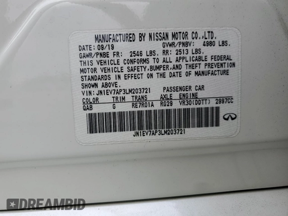 2020 Infiniti Q50 Luxe with VIN JN1EV7AP3LM203721, listed as a Copart auction lot 59380005 with 104,217 mi miles and Salvage title. Bid and sale history available at DreamBid. Image 12.