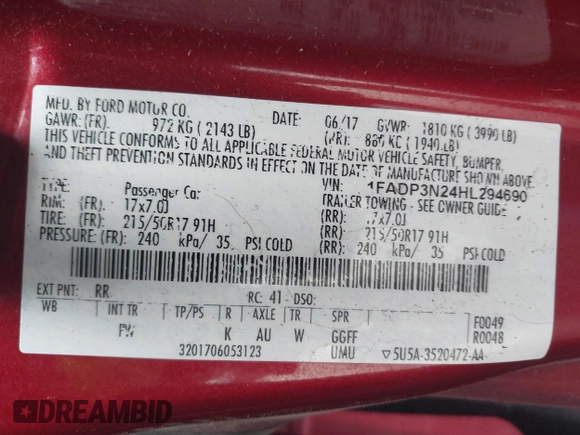 2017 Ford Focus Titanium with VIN 1FADP3N24HL294690, listed as a IAAI auction lot 39893510 with 123,089 mi miles and . Bid and sale history available at DreamBid. Image 9.