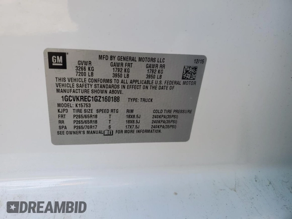 2016 Chevrolet Silverado 1500 LT with VIN 1GCVKREC1GZ160188, listed as a Copart auction lot 45726835 with 159,122 mi miles and Salvage Title. Bid and sale history available at DreamBid. Image 12.