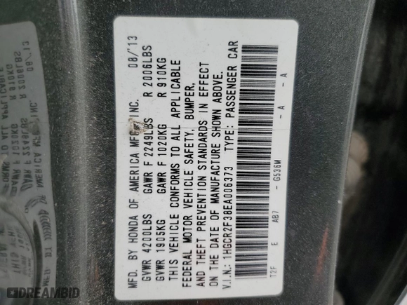 2014 Honda Accord Sedan LX with VIN 1HGCR2F38EA006373, listed as a Copart auction lot 47965585 with 118,968 mi miles and Salvage Title. Bid and sale history available at carsss.com. Image 13.