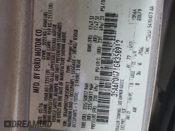 2016 Ford Fusion SE with VIN 3FA6P0H71GR358912, listed as a Copart auction lot 59512905 with 194,740 mi miles and Salvage title. Bid and sale history available at DreamBid. Image 12.