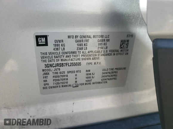 2015 Chevrolet Trax LT with VIN 3GNCJRSB7FL255695, listed as a Copart auction lot 46846605 with 144,939 mi miles and Salvage Title. Bid and sale history available at carsss.com. Image 14.