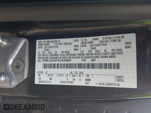 2019 Ford Escape Titanium with VIN 1FMCU0J97KUA34281, listed as a IAAI auction lot 42409579 with 55,400 mi miles and . Bid and sale history available at DreamBid. Image 9.