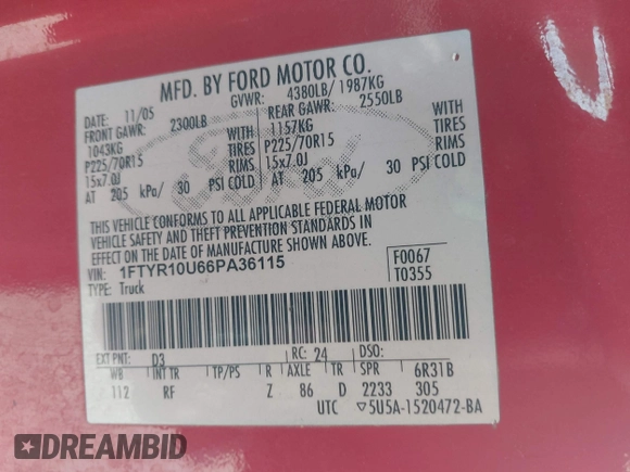2006 Ford Ranger XL with VIN 1FTYR10U66PA36115, listed as a IAAI auction lot 42130837 with 116,807 mi miles and . Bid and sale history available at DreamBid. Image 9.