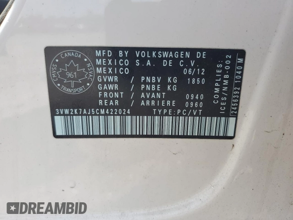 2012 Volkswagen Jetta S with VIN 3VW2K7AJ5CM422024, listed as a Copart auction lot 65735925 with 152,679 mi miles and Clean title. Bid and sale history available at DreamBid. Image 13.