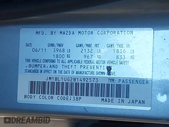 2011 Mazda Mazda3 i Sport with VIN JM1BL1UG2B1492573, listed as a IAAI auction lot 41718773 with 151,593 mi miles. Bid and sale history available at carsss.com. Image 9.