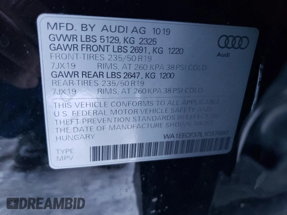 2020 Audi Q3 S line Premium Plus with VIN WA1EECF37L1037680, listed as a Copart auction lot 73417502 with 23,570 mi miles. Bid and sale history available at carsss.com. Image 13.