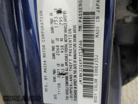 2009 Mazda 3 i Touring Value with VIN JM1BK32GX91253266, listed as a Copart auction lot 54777335 with 177,247 mi miles and Salvage Title. Bid and sale history available at DreamBid. Image 12.
