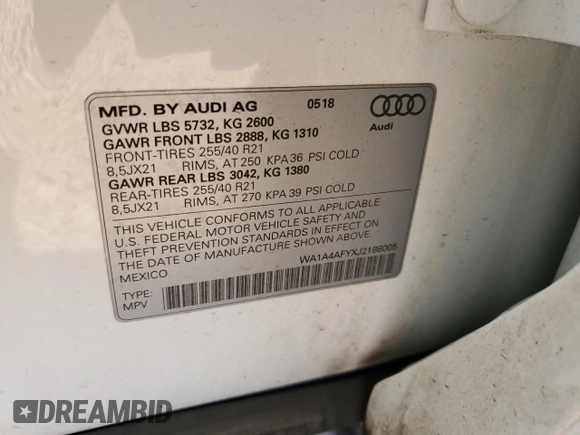 2018 Audi SQ5 Premium Plus with VIN WA1A4AFYXJ2188005, listed as a Copart auction lot 83885194 with 90,898 mi miles and Salvage Title. Bid and sale history available at DreamBid. Image 13.