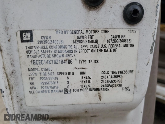 2004 Chevrolet Silverado 1500 Work Truck with VIN 1GCEC14X74Z184106, listed as a Copart auction lot 88104755 with 0 mi miles and Salvage Title. Bid and sale history available at carsss.com. Image 14.