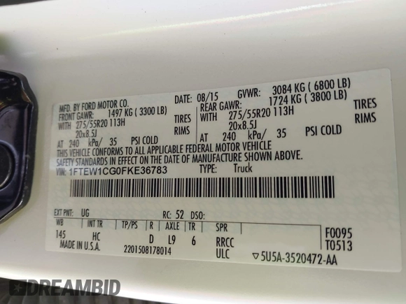 2015 Ford F-150 XL with VIN 1FTEW1CG0FKE36783, listed as a IAAI auction lot 41408208 with 141,254 mi miles and . Bid and sale history available at DreamBid. Image 9.
