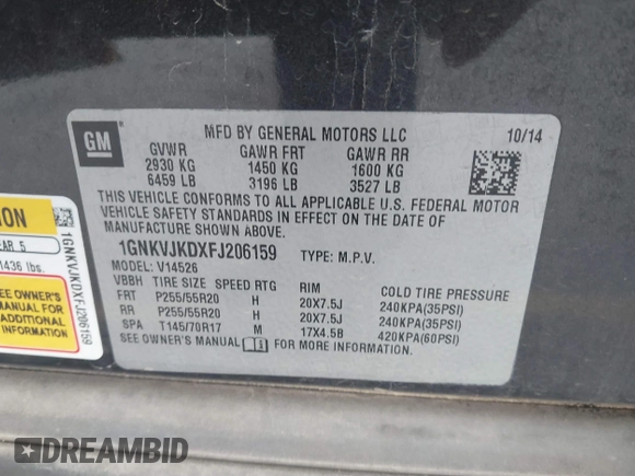 2015 Chevrolet Traverse LTZ with VIN 1GNKVJKDXFJ206159, listed as a IAAI auction lot 41762515 with 143,062 mi miles and . Bid and sale history available at DreamBid. Image 9.