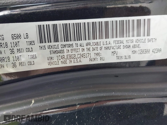 2020 Jeep Grand Cherokee Limited X z VIN 1C4RJEBG2LC245171, wystawiony jako IAAI lot #42230259 z przebiegiem 63 760 mil mil oraz . Historia ofert i sprzedaży dostępna na DreamBid. Obrazek 9.