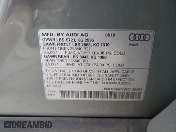 2019 Audi SQ5 Prestige with VIN WA1C4AFY8K2130453, listed as a Copart auction lot 71133922 with 30,517 mi miles. Bid and sale history available at carsss.com. Image 14.