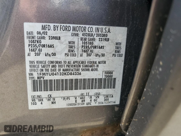 2002 Ford Escape XLT Choice with VIN 1FMYU04132KD84336, listed as a Copart auction lot 66705025 with 198,979 mi miles and Salvage title. Bid and sale history available at DreamBid. Image 14.