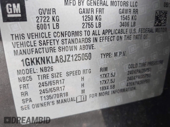 2018 GMC Acadia SLE with VIN 1GKKNKLA8JZ125050, listed as a IAAI auction lot 41912830 with 1 mi miles. Bid and sale history available at carsss.com. Image 9.