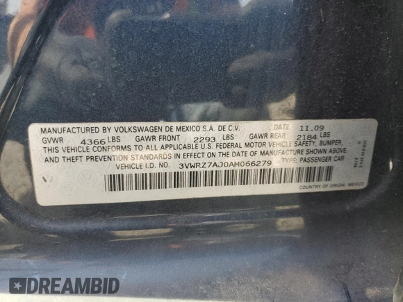 2010 Volkswagen Jetta Limited Edition с VIN 3VWRZ7AJ0AM066279, выставлен на аукционе Copart как лот 59635305 с пробегом 115 727 миль миль и Списание • Salvage title. История ставок и продаж доступна на DreamBid. Изображение 12.
