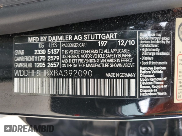 2011 Mercedes-Benz E 350 Luxury с VIN WDDHF8HBXBA392090, выставлен на аукционе Copart как лот 58540455 с пробегом 168 529 миль миль и Списание • Salvage title. История ставок и продаж доступна на DreamBid. Изображение 12.