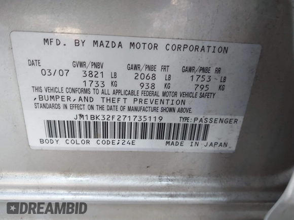 2007 Mazda 3 i Sport with VIN JM1BK32F271735119, listed as a IAAI auction lot 41446801 with 116,879 mi miles. Bid and sale history available at carsss.com. Image 9.