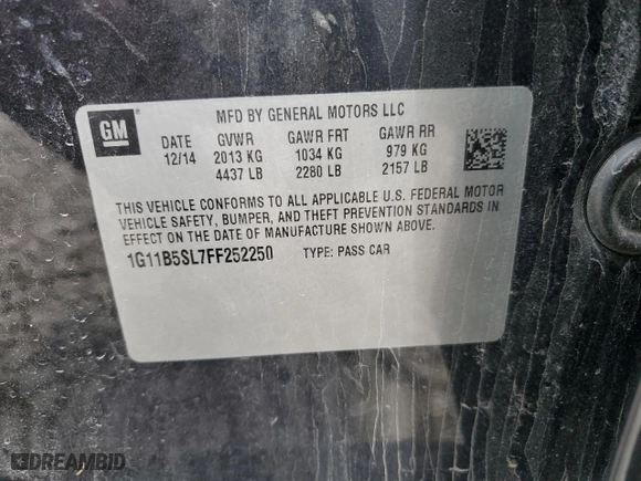 2015 Chevrolet Malibu LS with VIN 1G11B5SL7FF252250, listed as a Copart auction lot 51973505 with 148,800 mi miles and Salvage Title. Bid and sale history available at carsss.com. Image 14.
