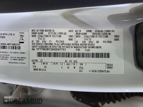 2019 Ford F-250 XL с VIN 1FT7W2BT2KEE67751, выставлен на аукционе IAAI как лот 42585417 с пробегом 241 154 миль миль и . История ставок и продаж доступна на DreamBid. Изображение 1.