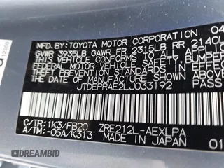 2020 Toyota Corolla LE with VIN JTDEPRAE2LJ033192, listed as a IAAI auction lot 41971573 with 86,265 mi miles. Bid and sale history available at carsss.com. Image 9.