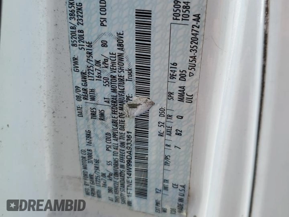 2009 Ford Econoline Cargo Commercial with VIN 1FTNE14W99DA93361, listed as a Copart auction lot 61009574 with 299,496 mi miles and Salvage Title. Bid and sale history available at DreamBid. Image 15.