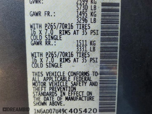 2009 Nissan Frontier SE with VIN 1N6AD07U49C405420, listed as a Copart auction lot 41983545 with 203,700 mi miles and Salvage Title. Bid and sale history available at carsss.com. Image 14.