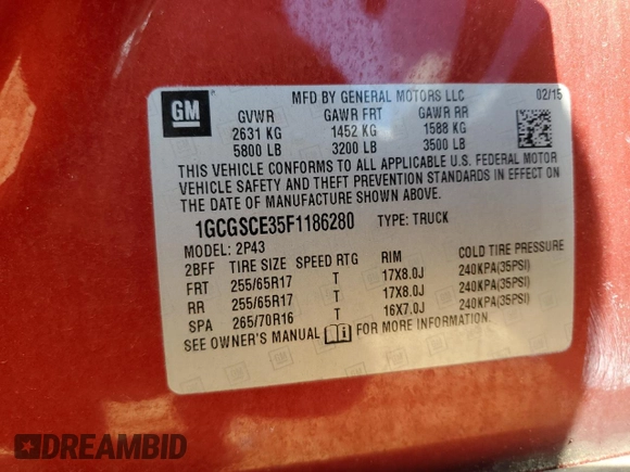 2015 Chevrolet Colorado 2WD Z71 with VIN 1GCGSCE35F1186280, listed as a Copart auction lot 56596115 with 123,041 mi miles and Salvage title. Bid and sale history available at DreamBid. Image 12.