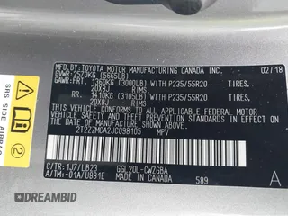 2018 Lexus RX 350 with VIN 2T2ZZMCA2JC098105, listed as a IAAI auction lot 42200869 with 52,323 mi miles and . Bid and sale history available at DreamBid. Image 9.