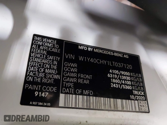 2020 Mercedes-Benz Sprinter Cargo Cargo with VIN W1Y40CHY1LT037120, listed as a IAAI auction lot 41199296 with 247,973 mi miles and . Bid and sale history available at carsss.com. Image 9.