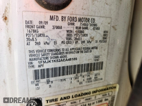2010 Ford Expedition Max Limited z VIN 1FMJK1K52AEA48189, wystawiony jako Copart lot #60982115 z przebiegiem 176 567 mil mil oraz Szkoda całkowita • Salvage title. Historia ofert i sprzedaży dostępna na DreamBid. Obrazek 13.