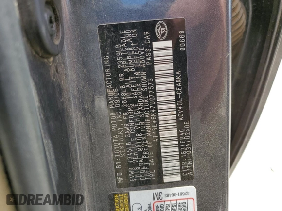 2007 Toyota Camry CE with VIN 4T1BE46K47U077575, listed as a Copart auction lot 52401825 with 302,551 mi miles and Salvage Title. Bid and sale history available at carsss.com. Image 12.